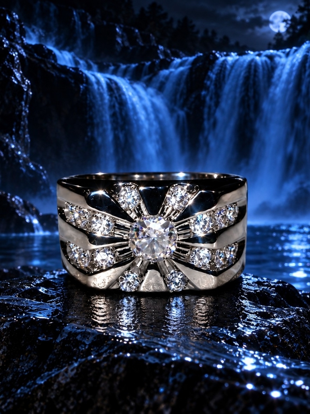 Silver Tone CZ Sunburst Statement Ring Size 8 Iced Out